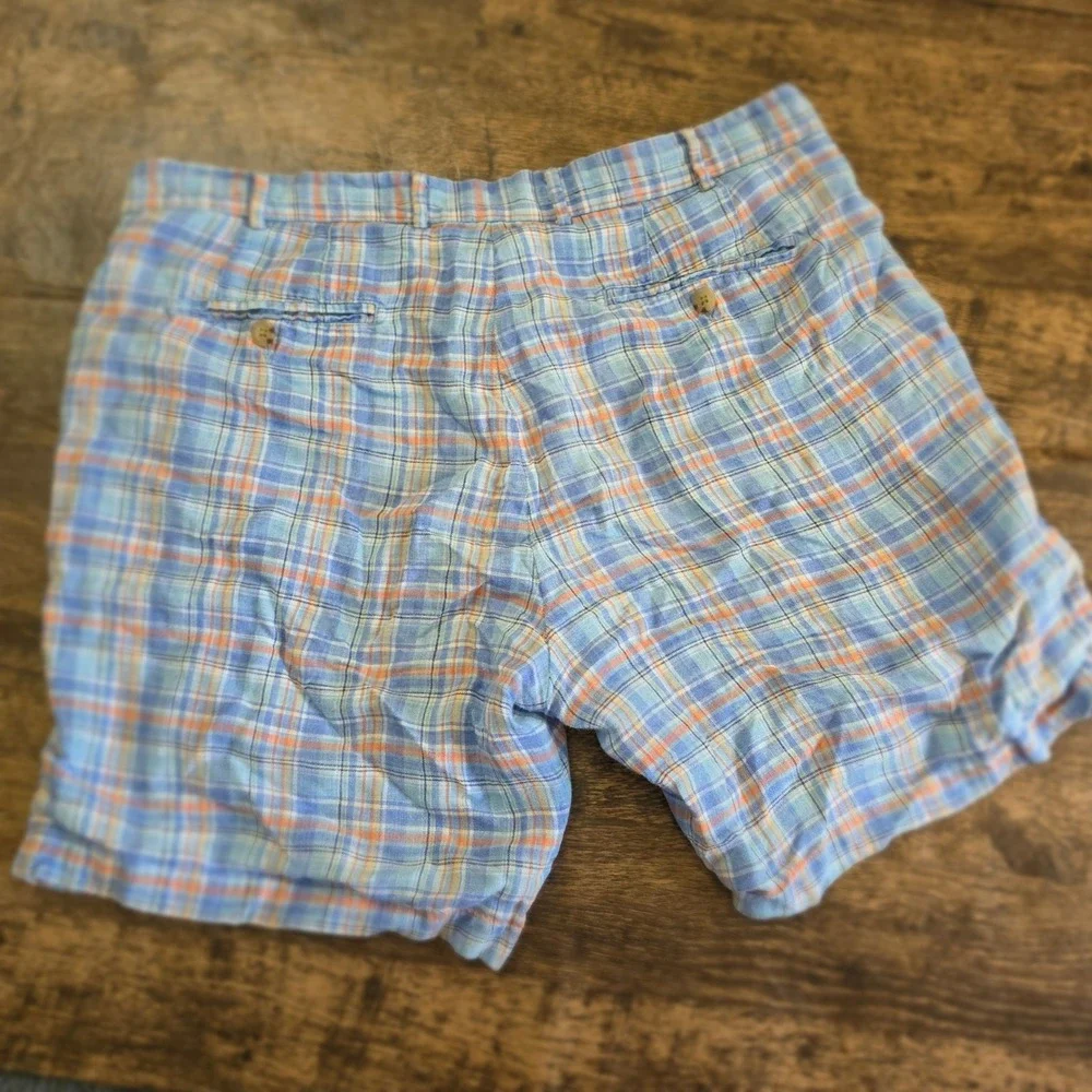 PETER MILLAR Plaid Shorts Mens 34 Blue Orange Linen Blend Flat Front Golf Summer